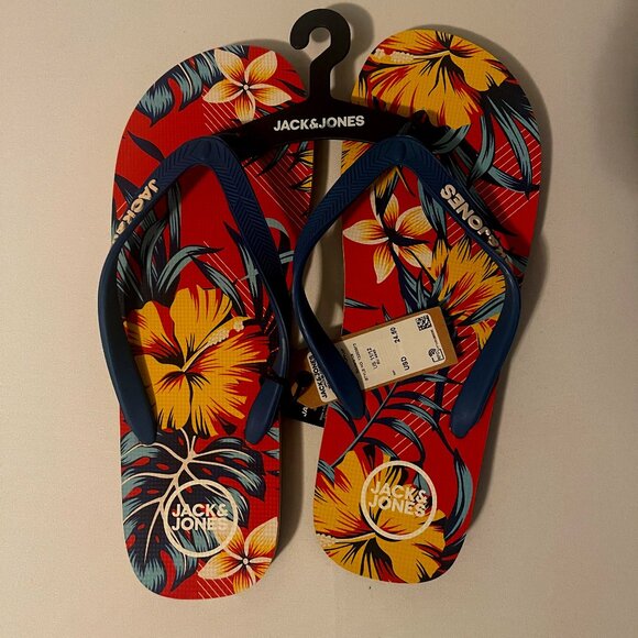 Jack & Jones Mens Flip Flop Sandals 11/12 Hawaiian Tropical New Blue Red Yellow - Picture 1 of 4